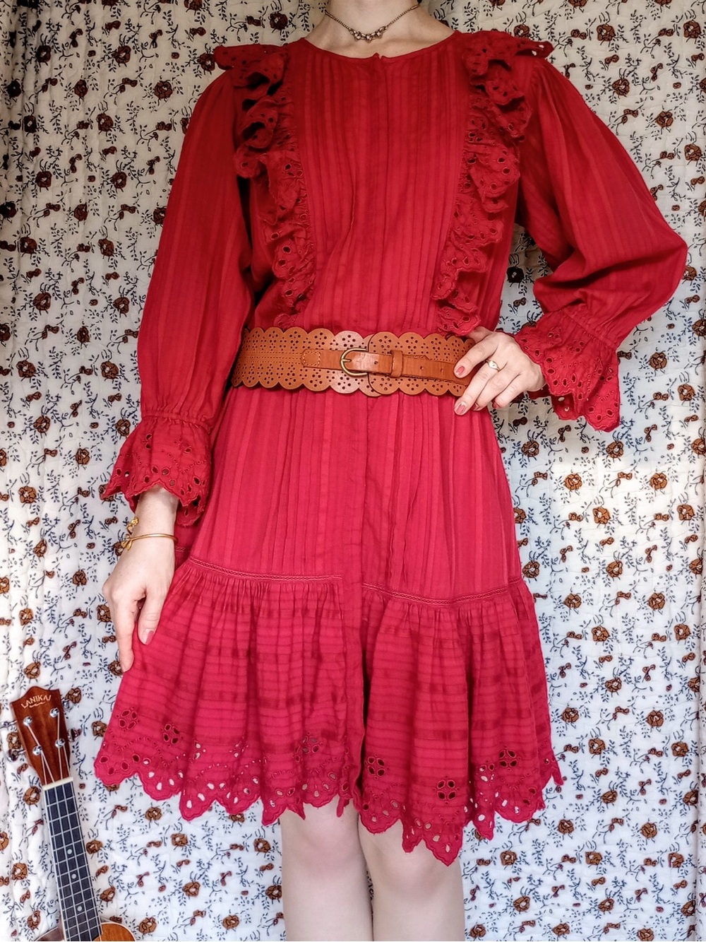 La Vie Rebecca Taylor ❉ Dobby Eyelet Stripe Ruffle Peasant Dress Carmine Red XS